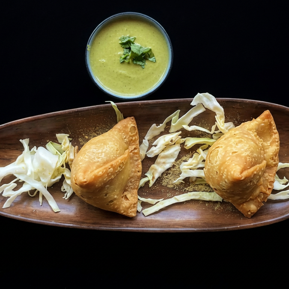 Two golden fried samosas with shredded cabbage and green dipping sauce on a wooden platter.
