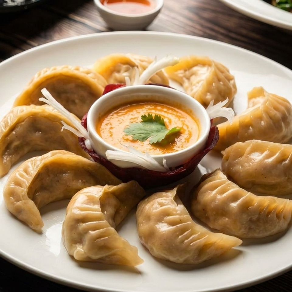 Plate of steamed dumplings arranged around a bowl of creamy orange dipping sauce, garnished with cilantro and onions.