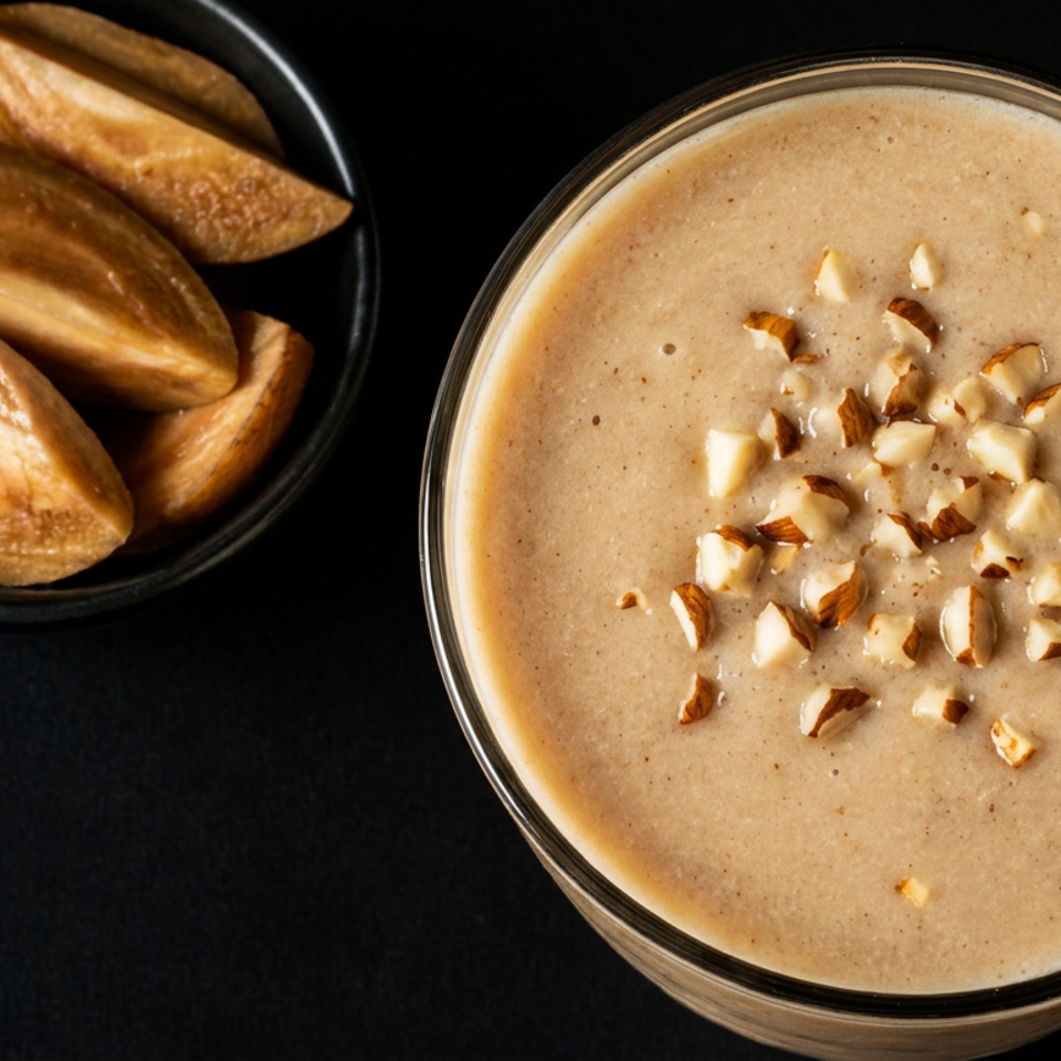 Creamy beige dessert topped with chopped nuts beside a bowl of golden crescent-shaped pastries on a dark surface.