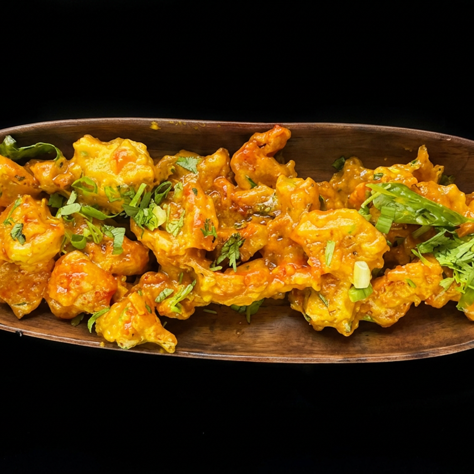 Golden battered vegetable fritters garnished with fresh cilantro and green onions on a wooden platter against a black background.