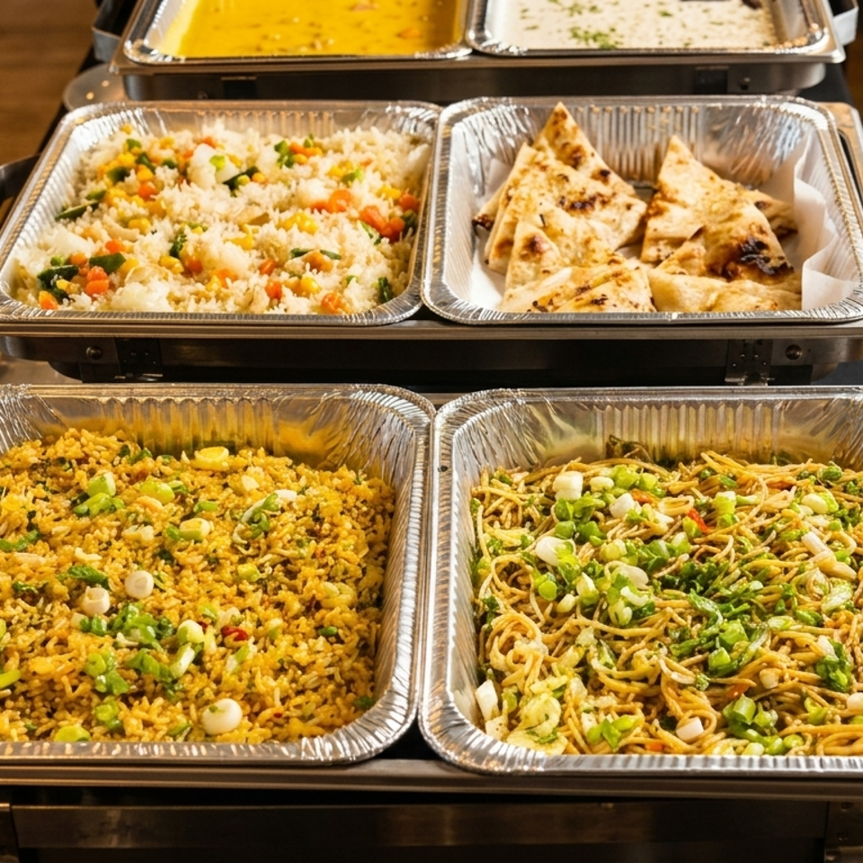 Buffet trays display vegetable rice, noodles, grilled flatbreads, and creamy sauces in a warmly lit restaurant.