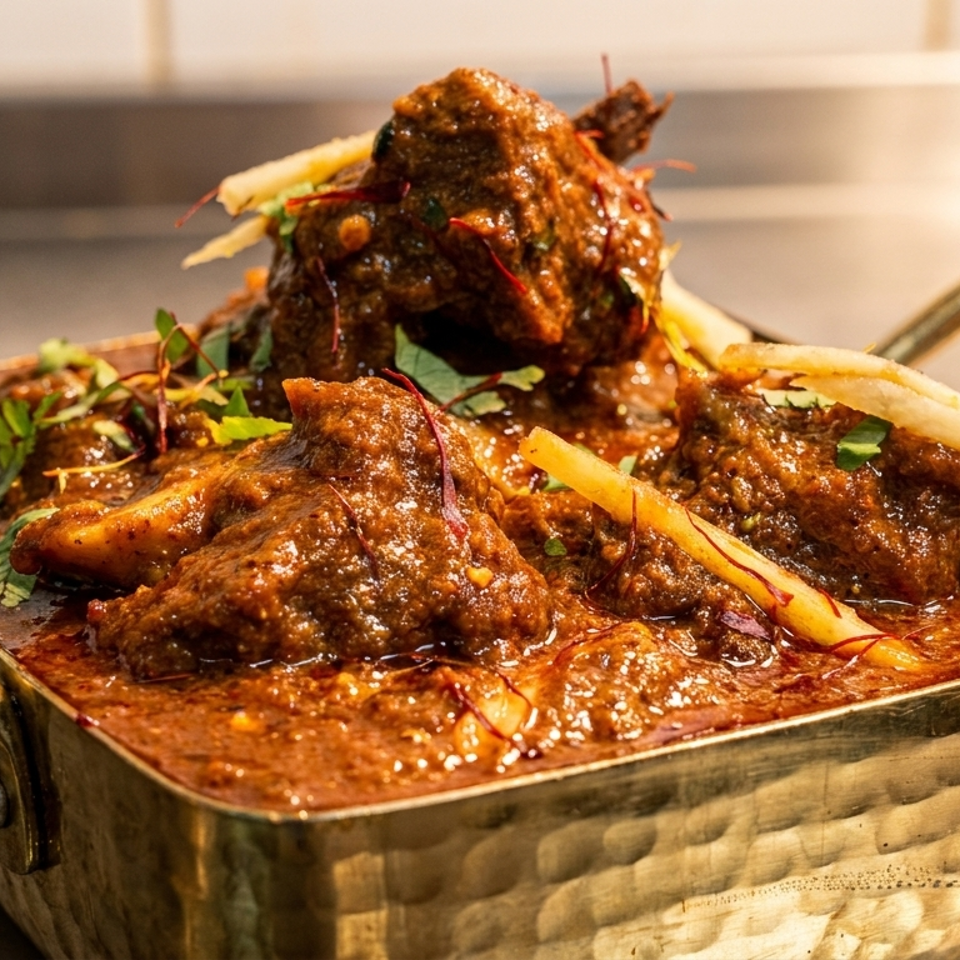 Richly spiced meat curry garnished with herbs and ginger strips, served in a hammered copper pan.