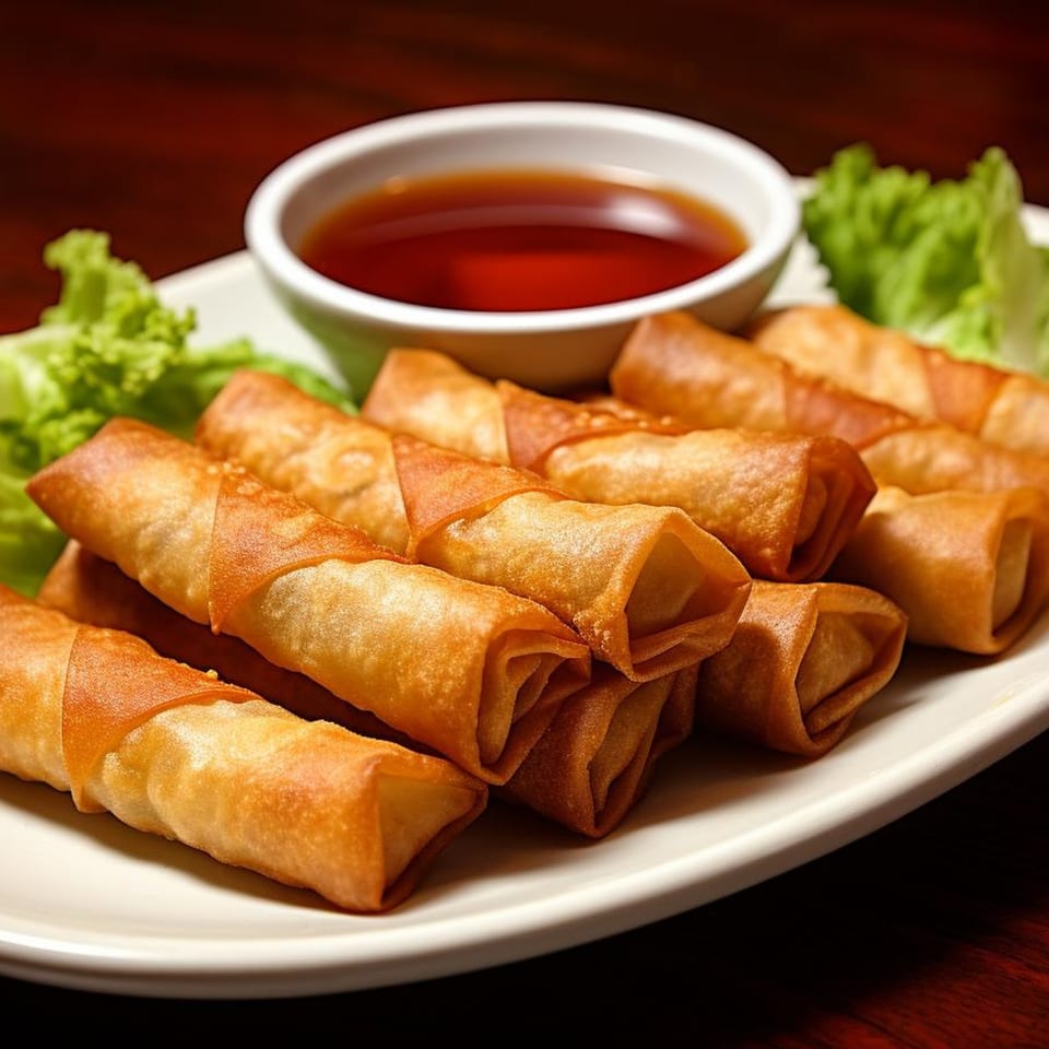 Crispy golden spring rolls with lettuce and a dipping sauce on a white plate.